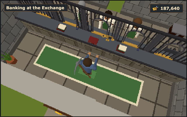 Inside the Exchange, with the roof off: clerks behind an iron grille as the adventurer walks up to the counter to bank ore for coins.