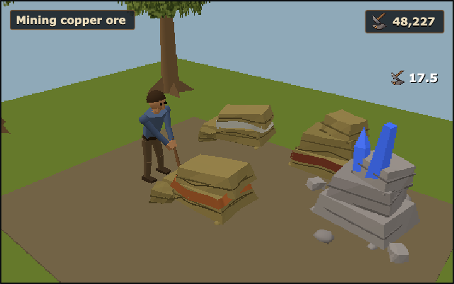The adventurer swings an iron pickaxe at a copper rock, beside iron, tin and sapphire rocks, with experience points rising.