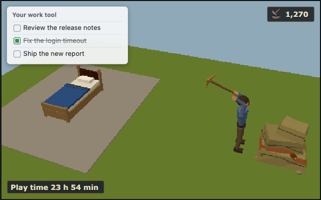 The adventurer asleep in bed. A task is ticked off in a work tool, play time fills up, and the adventurer gets up and mines a copper rock.